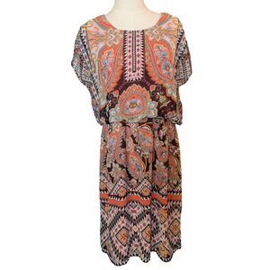 Chetta B Paisley Boho Blouson Dress Coral Multicolor Short Sleeve Size 10